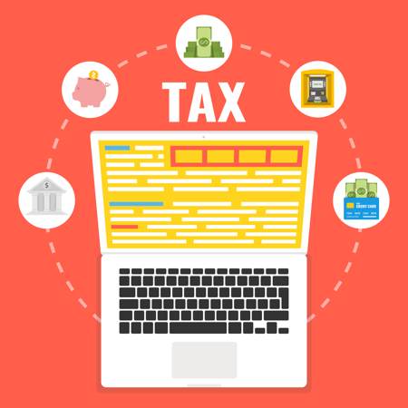 Vector illustration of Tax written above a laptop. % icons red-resting different aspects of tax encircle the laptop