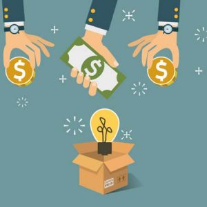 Crowdfunding concept- 3 hands placing money in a box with a lightbulb floating above it